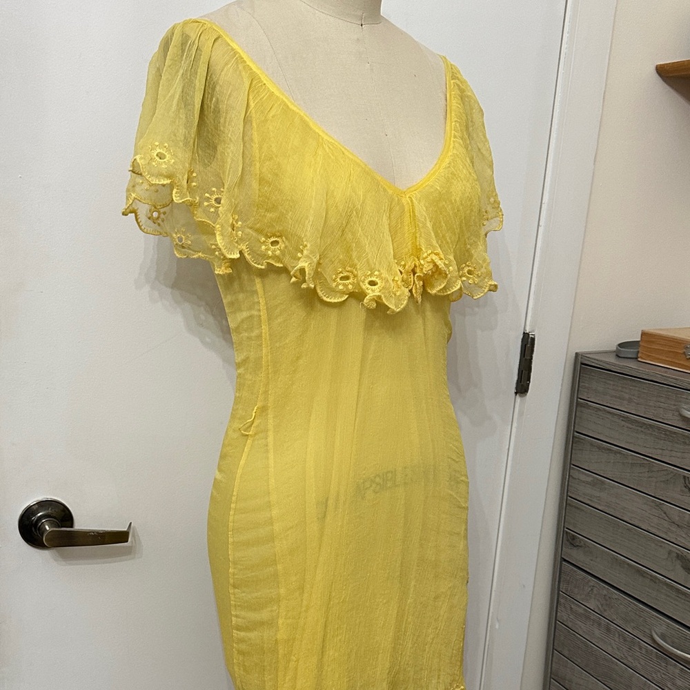 100% silk Sheer Yellow Ruffle-Trim Dress
